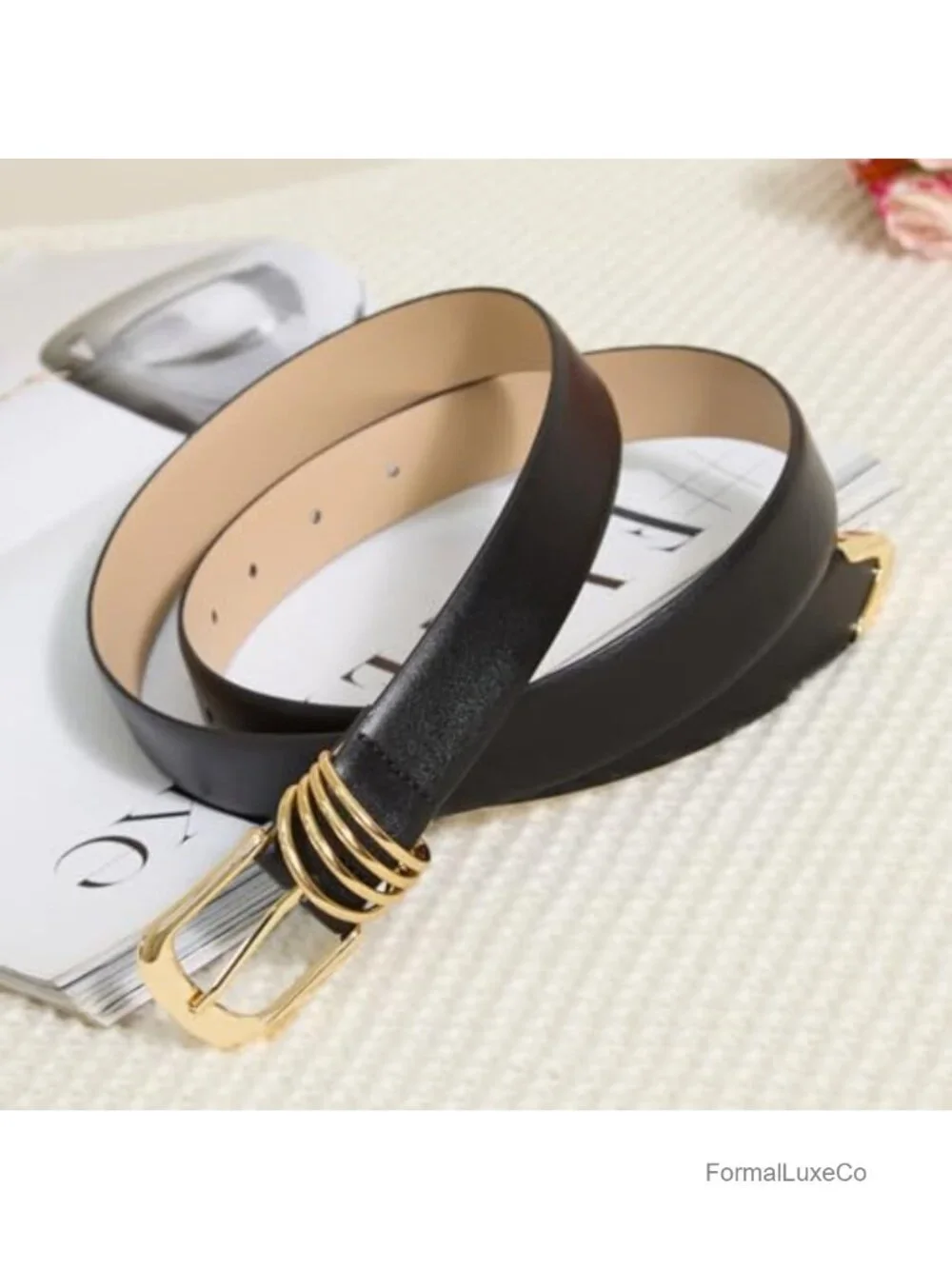Faux Leather Belt with Gold Buckle Trendy Skinny Waist Belt